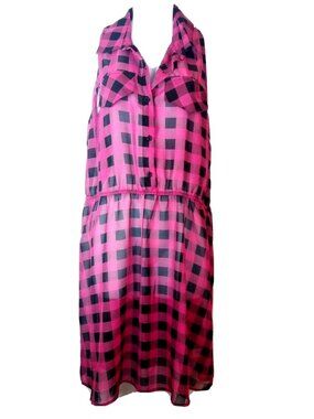 Xhilaration Sleeveless Pink Black Plaid Dress Sheer XL Beach Cover Grunge